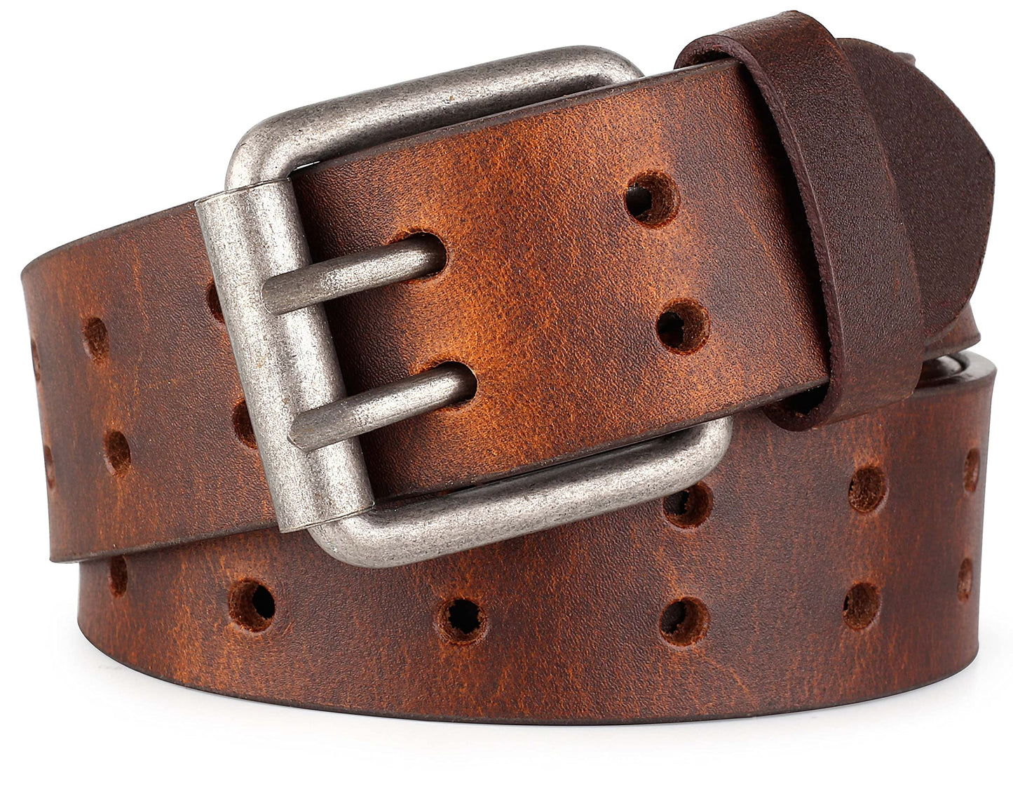HOTF&L CLASSIC Leather Work Belt, Heavy Duty Double Prong full grain Leather Belts for Men 1 1/2", Mens Casual Belts for Jeans