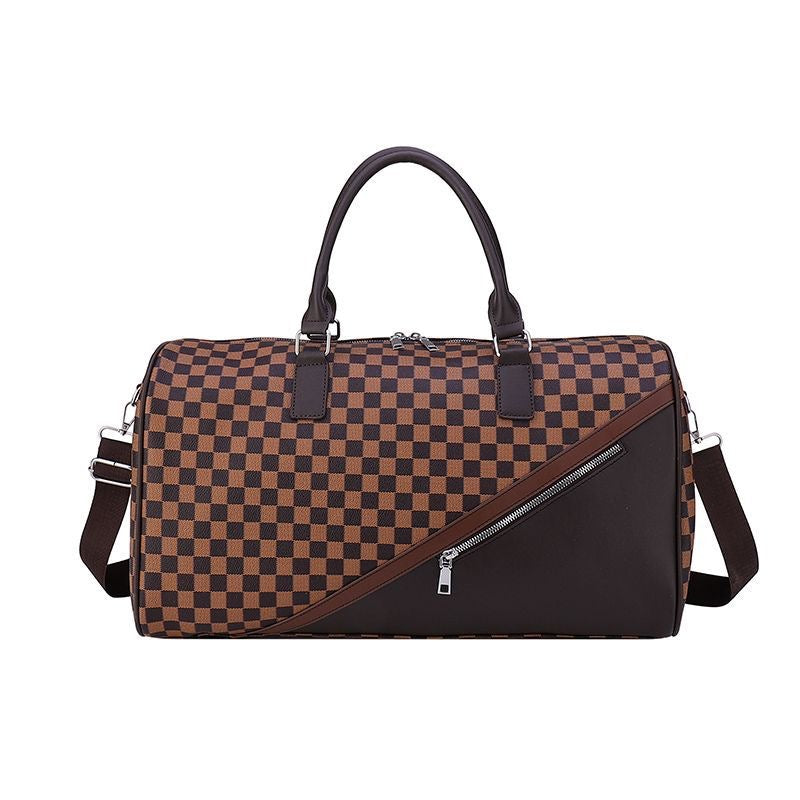 【#A420】Vintage Floral Checkerboard Spliced Large Travel Duffle Bag, Waterproof Gym Handbag