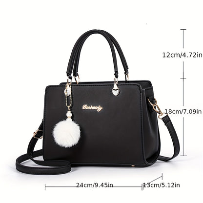 today's deals，No middlemen to make the difference!Fashion Solid Color Handbag, Women's Top Handle Square Purse, Elegant Crossbody Bag With Pompom Ball Pendant