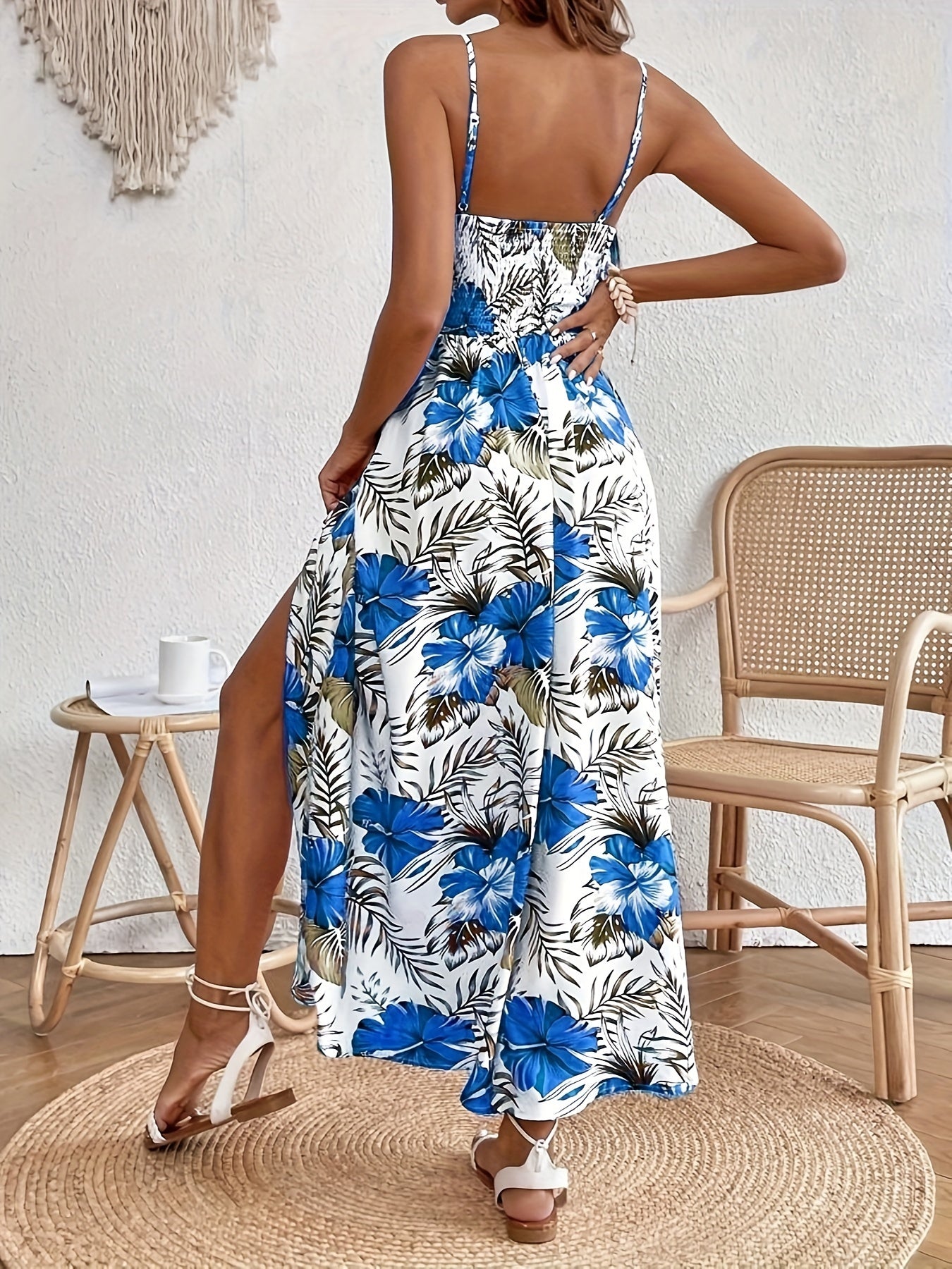 today's deals，No middlemen!Floral Print Spaghetti Strap Dress, Elegant Sleeveless Split Dress For Spring & Summer, Women's Clothing