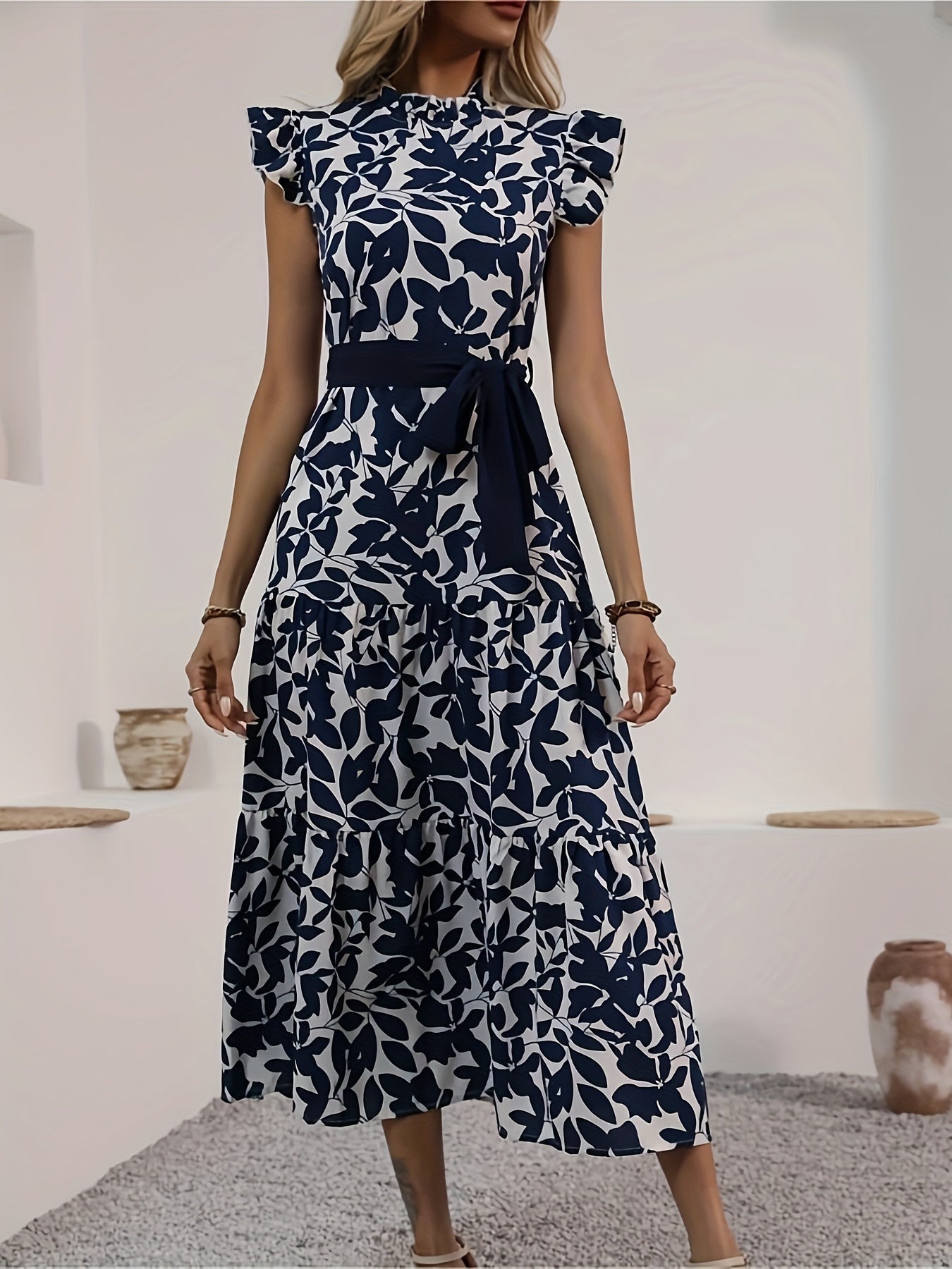 today's deals，No middlemen!Floral Print Mock Neck Lace Up Dress, Elegant Flutter Sleeve Dress For Spring & Summer, Women's Clothing