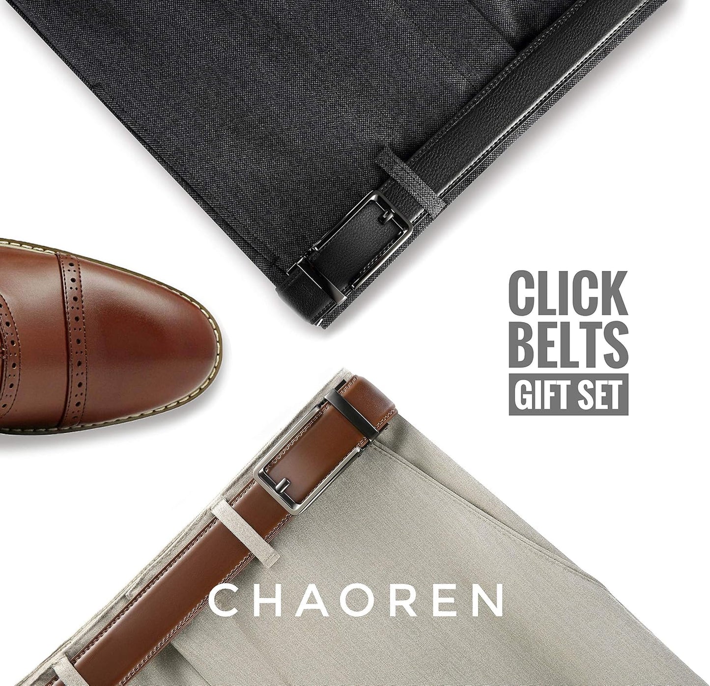 HOTCHAOREN Click Belts for Men 2 Pack - Mens Ratchet Leather Belt 1 3/8" for Dress and Casual - Micro Adjustable Belt Fit