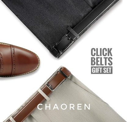 HOTCHAOREN Click Belts for Men 2 Pack - Mens Ratchet Leather Belt 1 3/8" for Dress and Casual - Micro Adjustable Belt Fit
