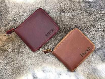 HOTPersonalized Leather Zipper wallet, Zip Around Wallet, Bifold Multi Card Holder Purse