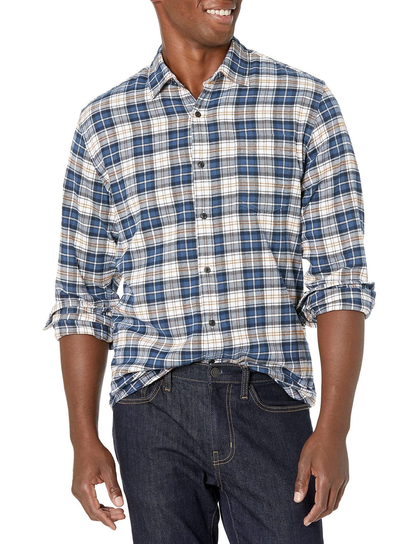HOTAmazon Essentials Men's Regular Fit Long-Sleeve Flannel Shirt, Soft Brushed Cotton, Lightweight yet Warm