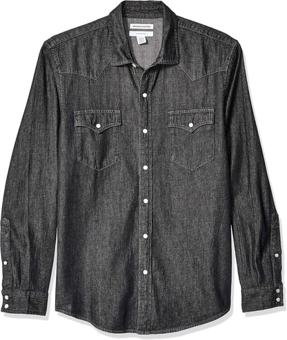 HOTAmazon Essentials Men's Slim-Fit Long-Sleeve Denim Western Style Cotton Shirt with Snap Buttons, Lightweight