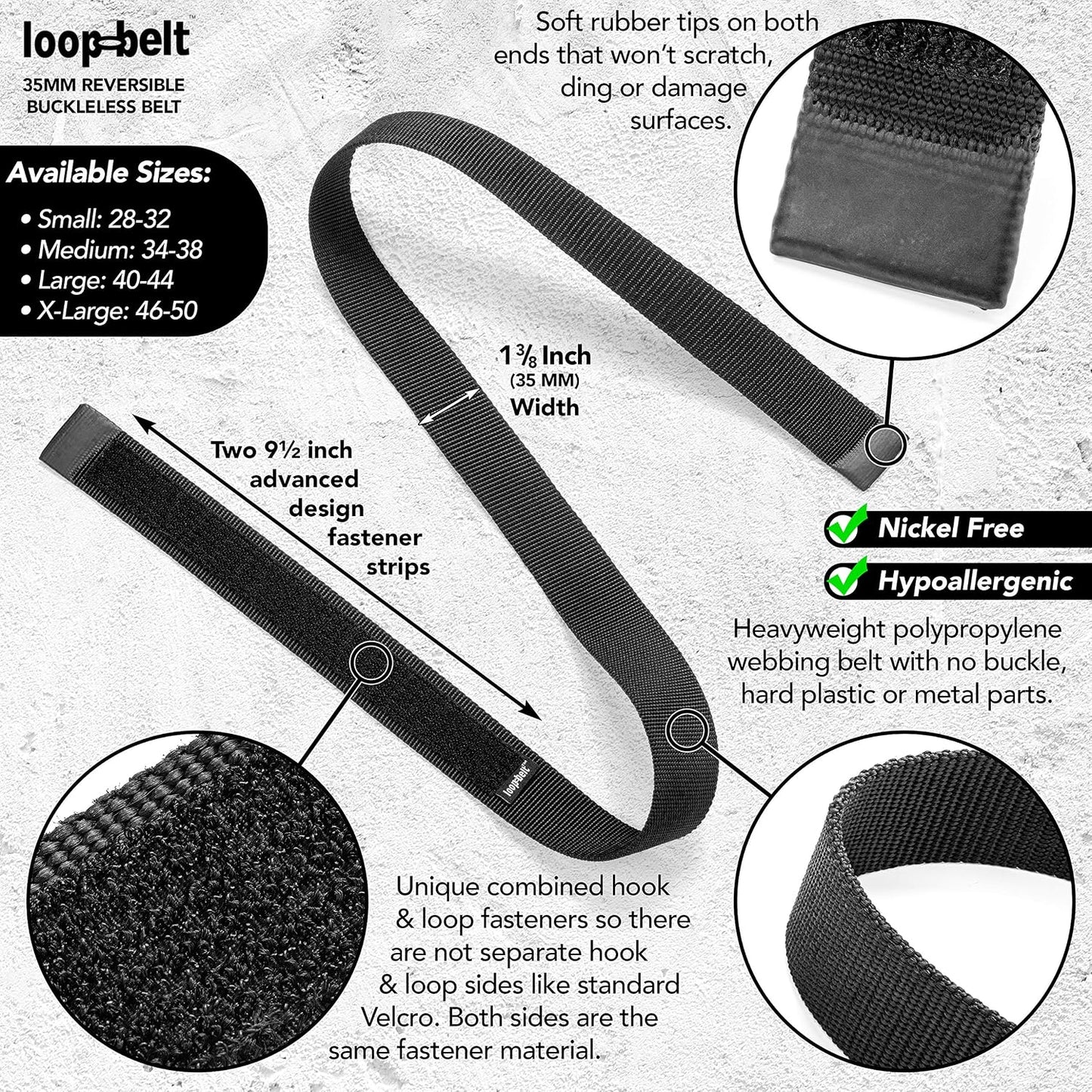 HOTLoopbelt Black No-Scratch Web Belt with Rubber Coated Tips and Advanced Hook & Loop Fasteners