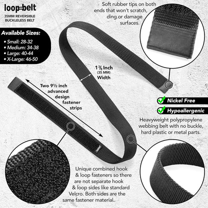 HOTLoopbelt Black No-Scratch Web Belt with Rubber Coated Tips and Advanced Hook & Loop Fasteners