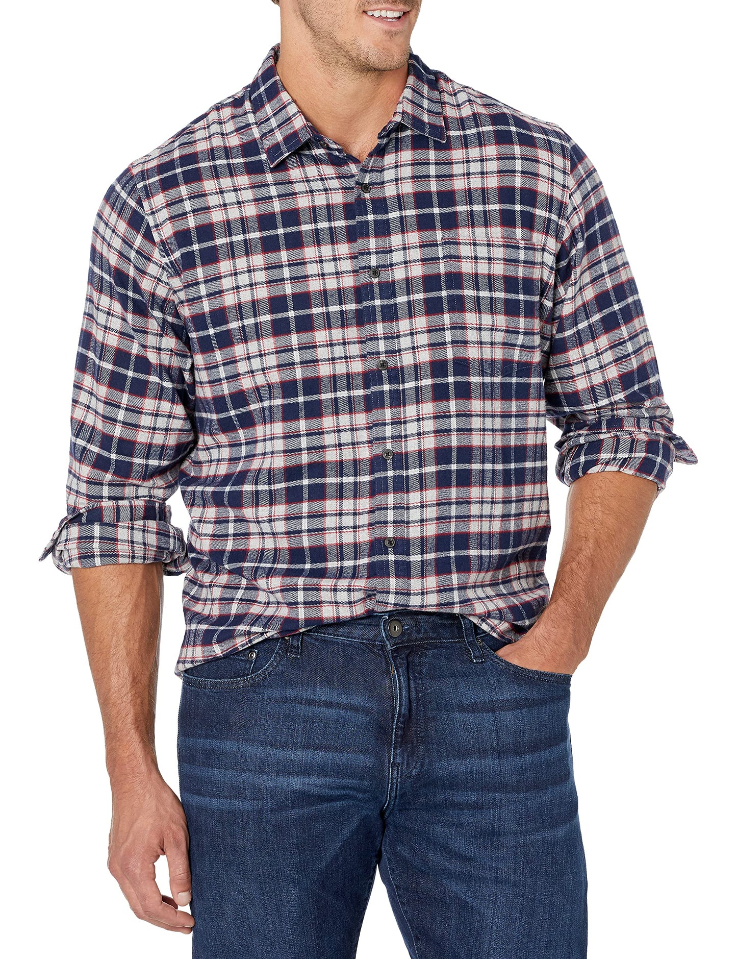HOTAmazon Essentials Men's Slim-Fit Flannel Shirt, Long Sleeve Button Down Plaid