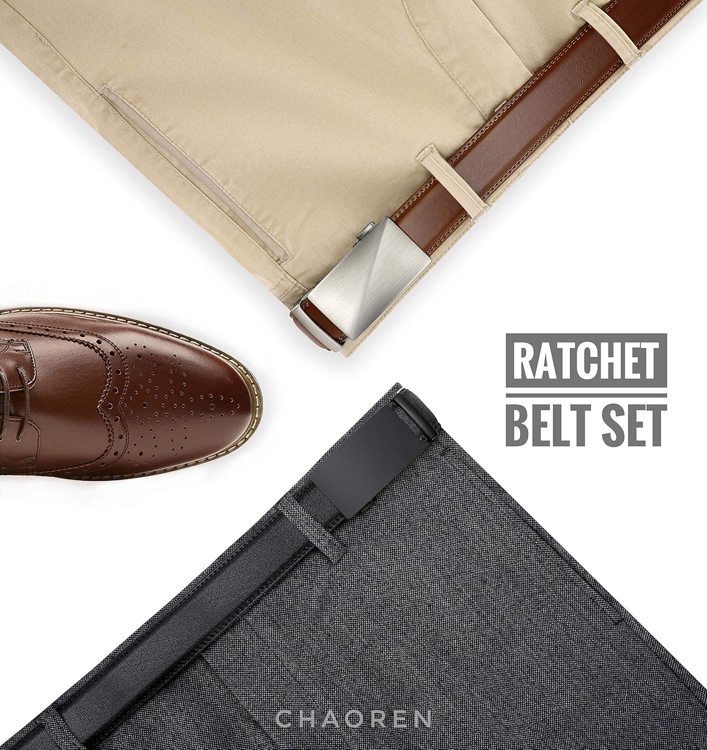 HOTCHAOREN Leather Ratchet Belt Men 2 Pack - Customizable Fit, Effortless Style (35mm)