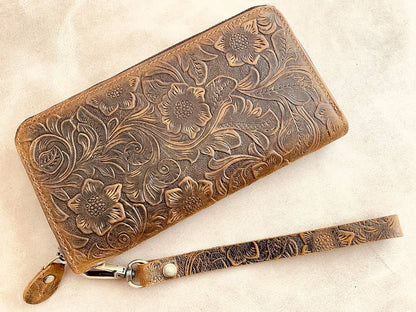 HOTGeneric Women's Long Wallet Organizer, Zipper Wallet, Wristlet Wallet, Brown Floral Top Grain Cowhide Leather Wallet for Women
