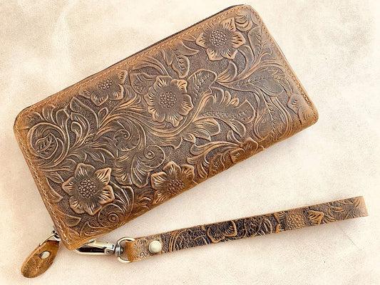 HOTGeneric Women's Long Wallet Organizer, Zipper Wallet, Wristlet Wallet, Brown Floral Top Grain Cowhide Leather Wallet for Women