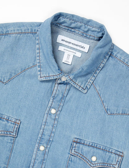 HOTAmazon Essentials Men's Slim-Fit Long-Sleeve Denim Western Style Cotton Shirt with Snap Buttons, Lightweight