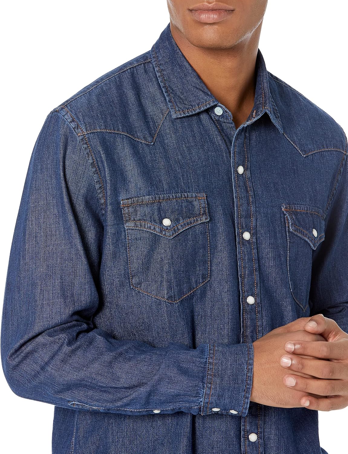 HOTAmazon Essentials Men's Slim-Fit Long-Sleeve Denim Western Style Cotton Shirt with Snap Buttons, Lightweight