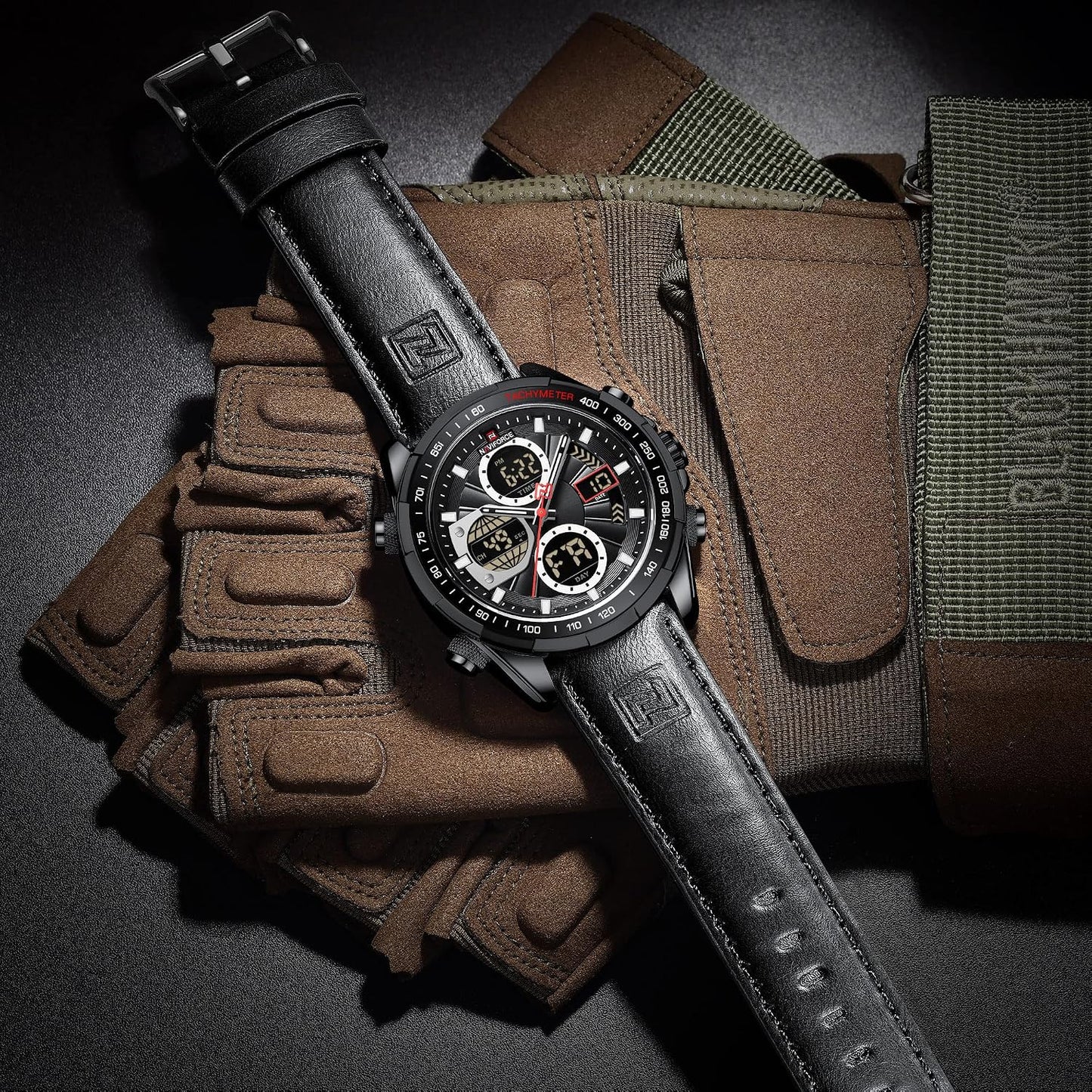 HOTNAVIFORCE Men's Military Digital Watches Analog Quartz Waterproof Watch Sport Multifunctional Leather Wristwatch