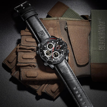 HOTNAVIFORCE Men's Military Digital Watches Analog Quartz Waterproof Watch Sport Multifunctional Leather Wristwatch