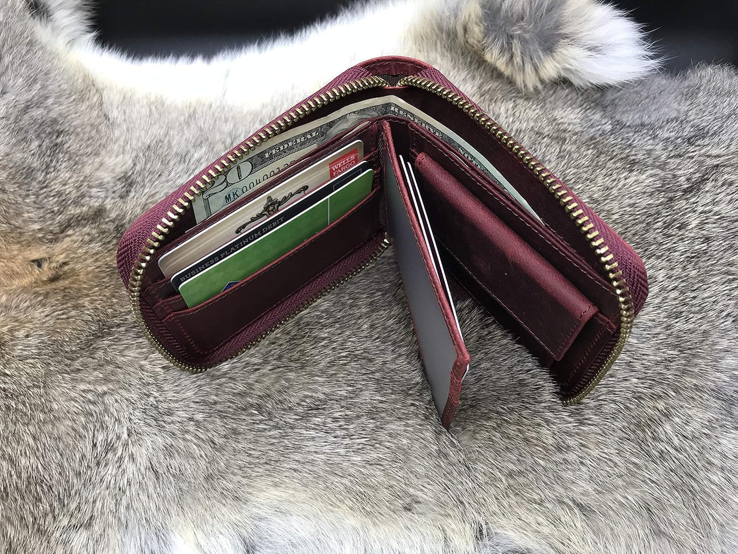 HOTPersonalized Leather Zipper wallet, Zip Around Wallet, Bifold Multi Card Holder Purse