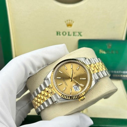 Classic Two-Tone Datejust Style Watch, Baton-Index Steel-Gold Band Wristwatch, Men's Luxury Waterproof Dress Watch