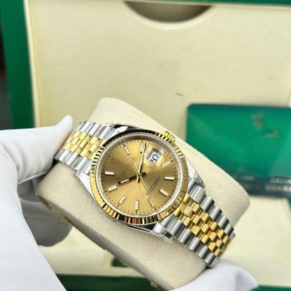 Classic Two-Tone Datejust Style Watch, Baton-Index Steel-Gold Band Wristwatch, Men's Luxury Waterproof Dress Watch