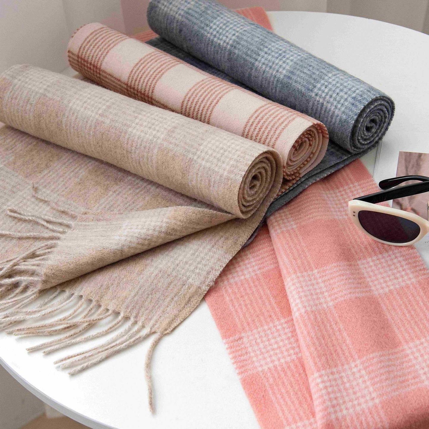 「#42」Autumn and winter plaid wool scarf women's versatile tassel fashion warm scarf comfortable 100% real wool,