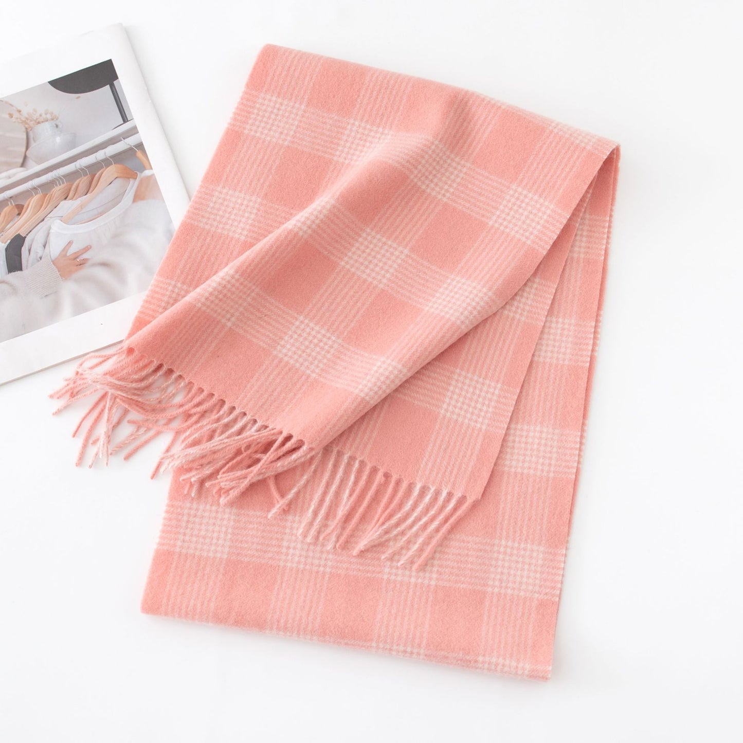 「#42」Autumn and winter plaid wool scarf women's versatile tassel fashion warm scarf comfortable 100% real wool,