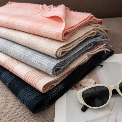 「#42」Autumn and winter plaid wool scarf women's versatile tassel fashion warm scarf comfortable 100% real wool,