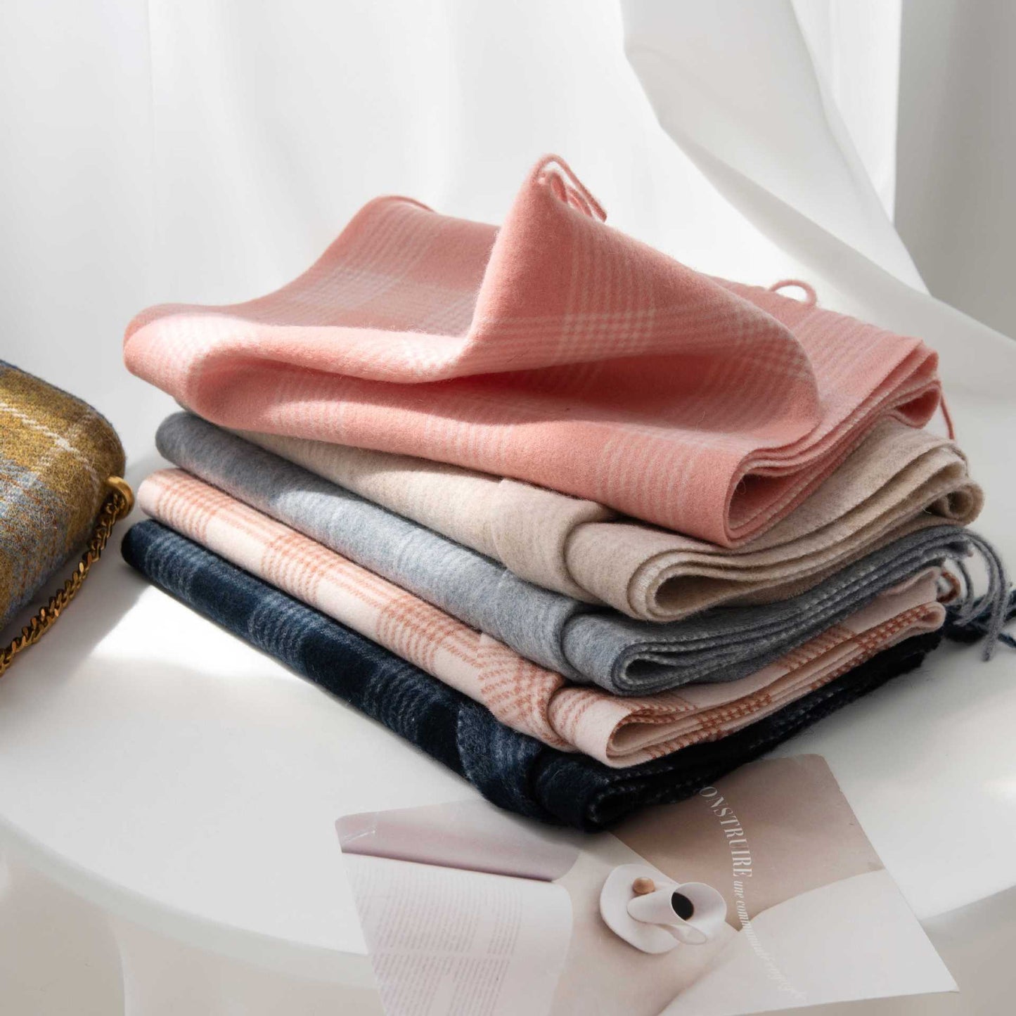 「#42」Autumn and winter plaid wool scarf women's versatile tassel fashion warm scarf comfortable 100% real wool,