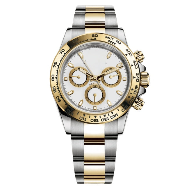 Sport Chronograph Two-Tone Watch, Panda Dial Men's Steel-Gold Band Wristwatch, Luxury Waterproof Chronograph