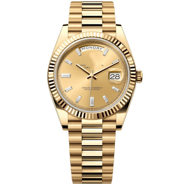 Classic Full-Gold Day-Date Style Watch, Diamond-Index Men's President Bracelet Wristwatch, Luxury Waterproof Dress Watch