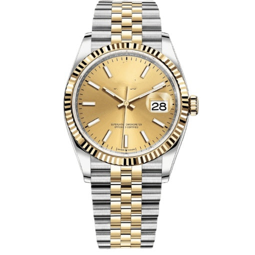 Classic Two-Tone Datejust Style Watch, Baton-Index Steel-Gold Band Wristwatch, Men's Luxury Waterproof Dress Watch