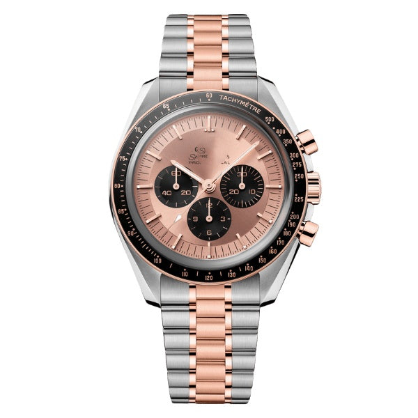 Men Two-Tone Three Subdial Automatic Chronograph Watch, See-Through Case Back Tachymeter Bezel Waterproof Luminous Business Wristwatch With Extra Rubber Strap Gift Box Set