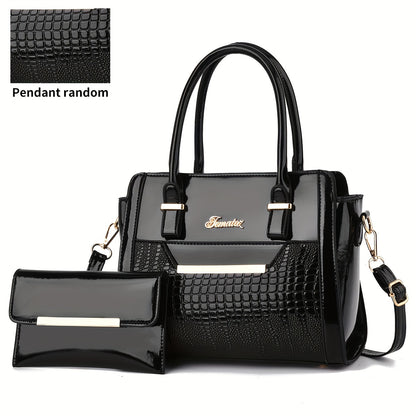 today's deals，No middlemen to make the difference!Classic Solid Color Crocodile Pattern Tote Bag With Clutch Purse, Textured Bags For Women