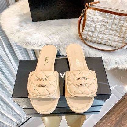 Quilted Leather Slide Sandals with Double Logo Detail