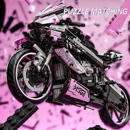 1985pcs Motorcycle Building Block Toy Set, Super Racing Car Design Toy Set, Cool Pink Appearance Puzzle Toy, Holiday Birthday New Year Gift,