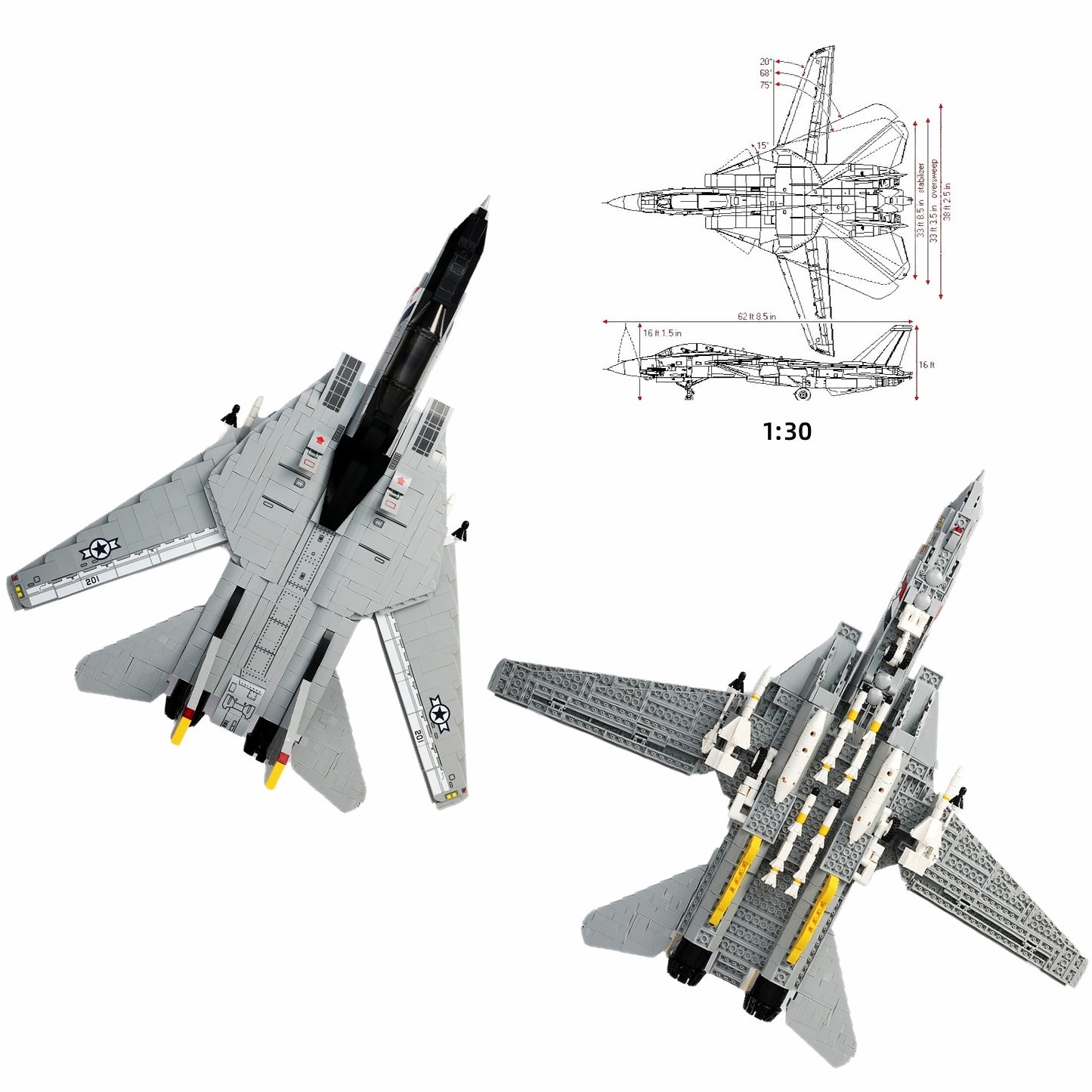 F-14 Jet Fighter Plane Tomcat Military Building Set for Adult, 1:34 Army Model Jet Fighter Plane 1600 Pcs