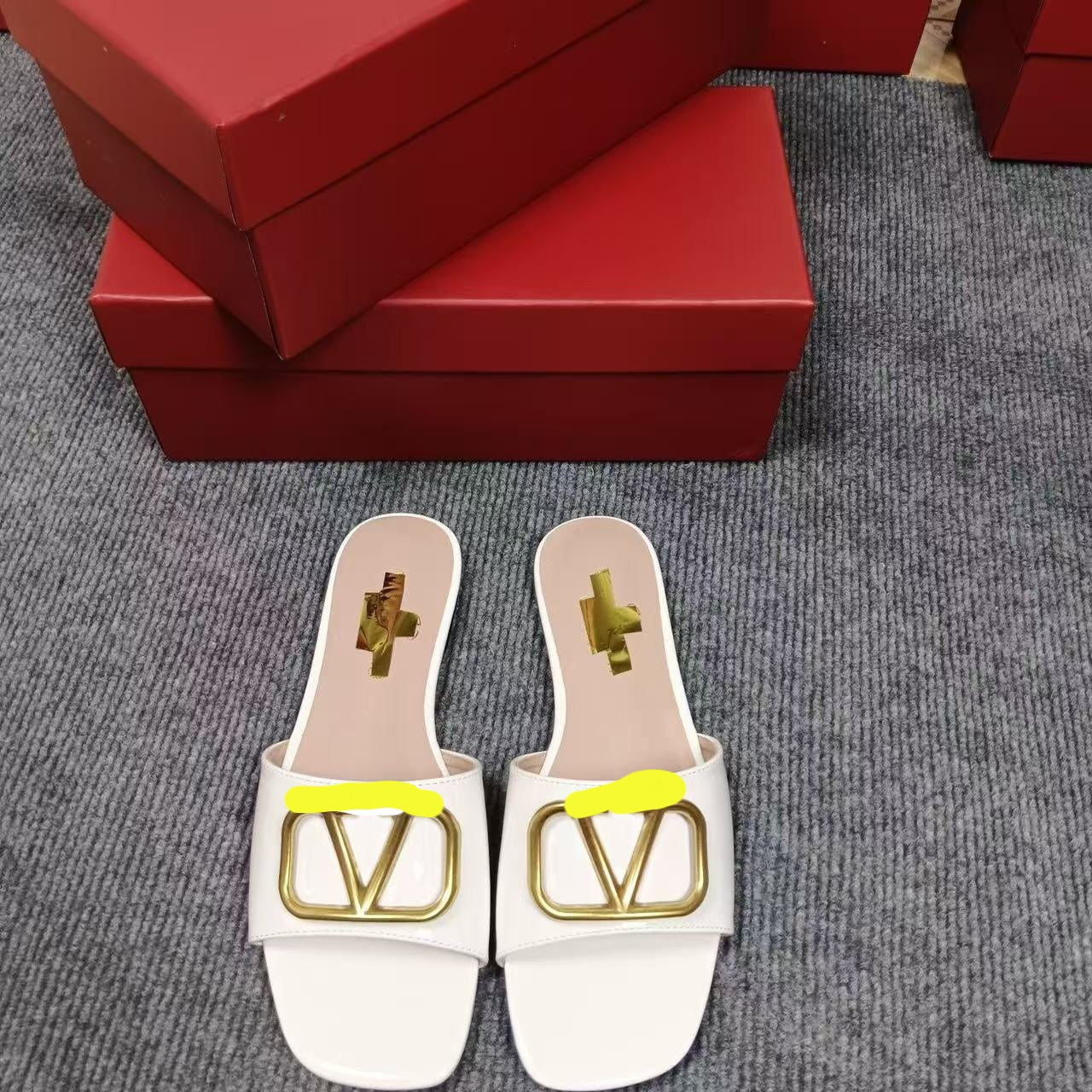 Metal Logo Patent Leather Slide Sandals