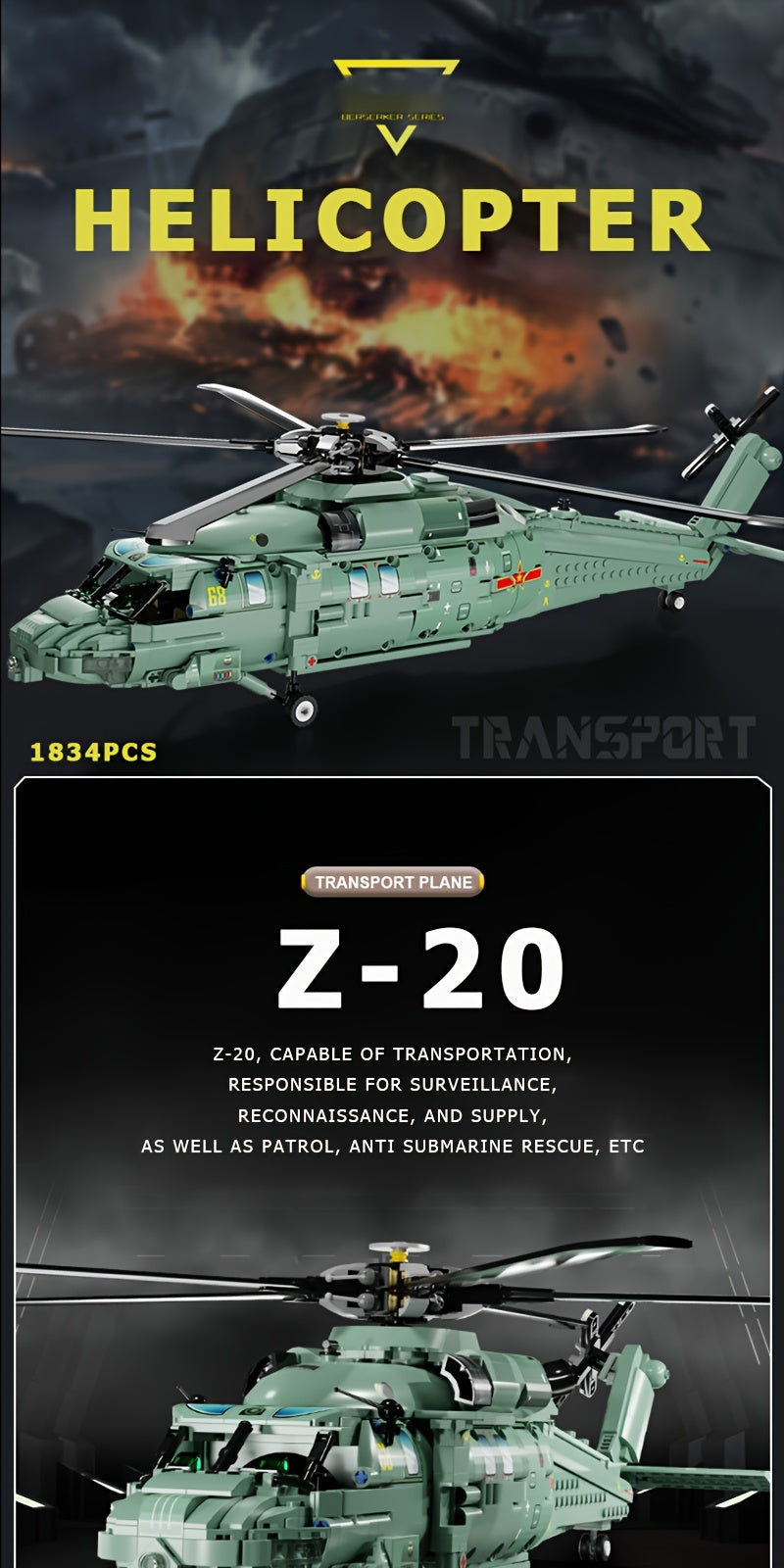 1834pcs Military Helicopter Building Blocks - Assemble Your Own Armed Aircraft for Fun and Learning