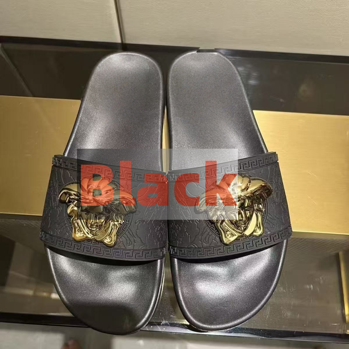 【#A272】Slide Sandals With Embossed Strap & Metal Ornament