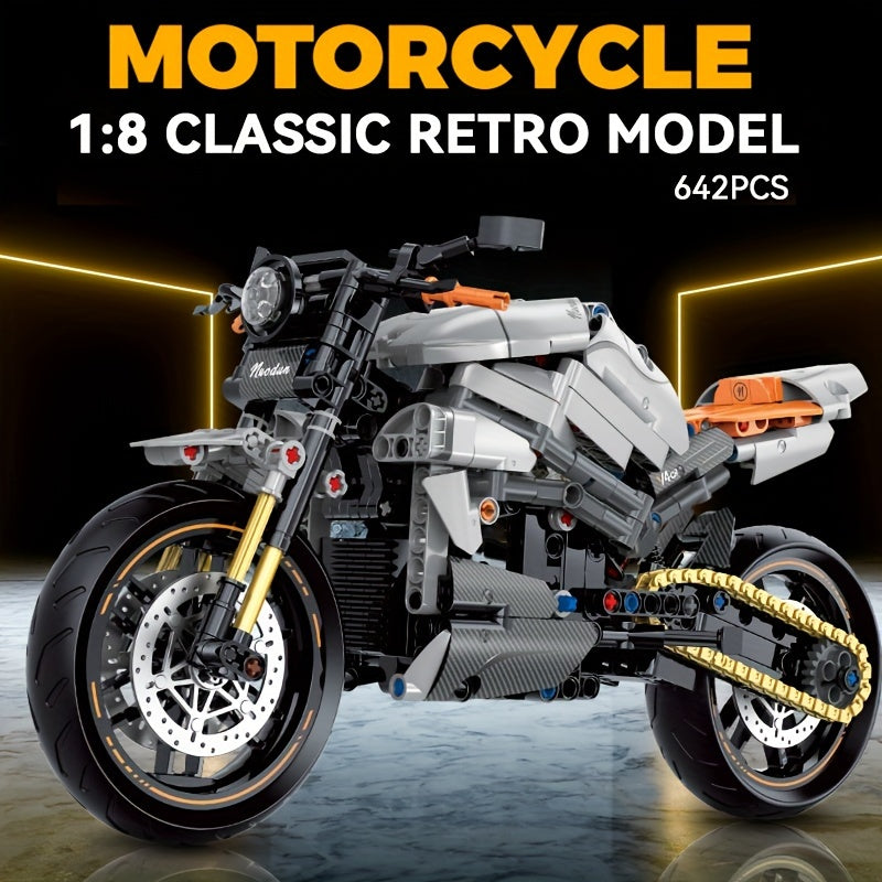 642pcs Building Blocks Motorcycle Model Kit for Kids - Classic Retro 1:8 Scale, Push-Operated DIY Toy, ABS Material, Ages 8-12