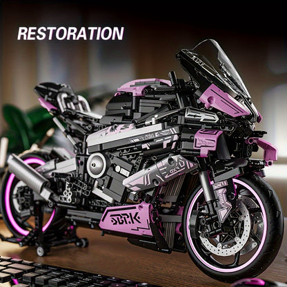 1985pcs Motorcycle Building Block Toy Set, Super Racing Car Design Toy Set, Cool Pink Appearance Puzzle Toy, Holiday Birthday New Year Gift,