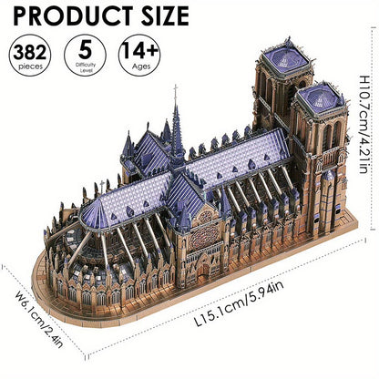 382pcs Notre Dame De Paris Church 3D Metal Puzzle for Adults - Challenging French Cathedral Brain Teaser Architecture Building Blocks Kit