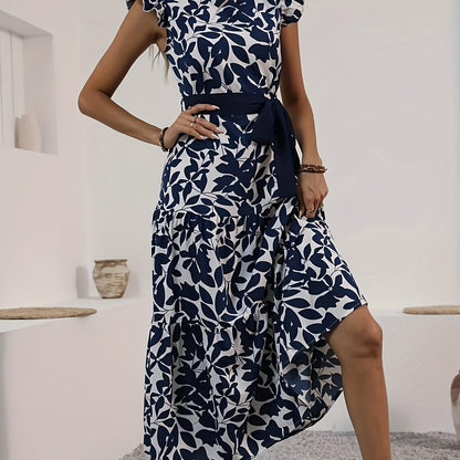 today's deals，No middlemen!Floral Print Mock Neck Lace Up Dress, Elegant Flutter Sleeve Dress For Spring & Summer, Women's Clothing