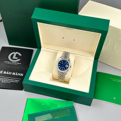 Classic Steel Datejust Style Watch, Blue Dial Baton-Index Men's Steel Band Wristwatch, Luxury Waterproof Dress Watch
