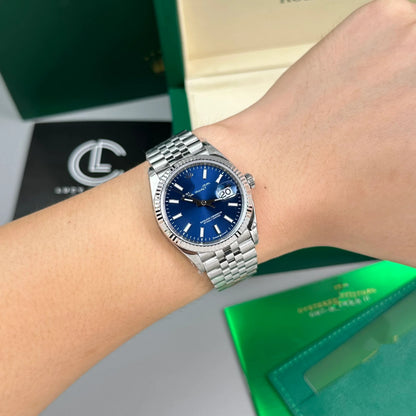 Classic Steel Datejust Style Watch, Blue Dial Baton-Index Men's Steel Band Wristwatch, Luxury Waterproof Dress Watch