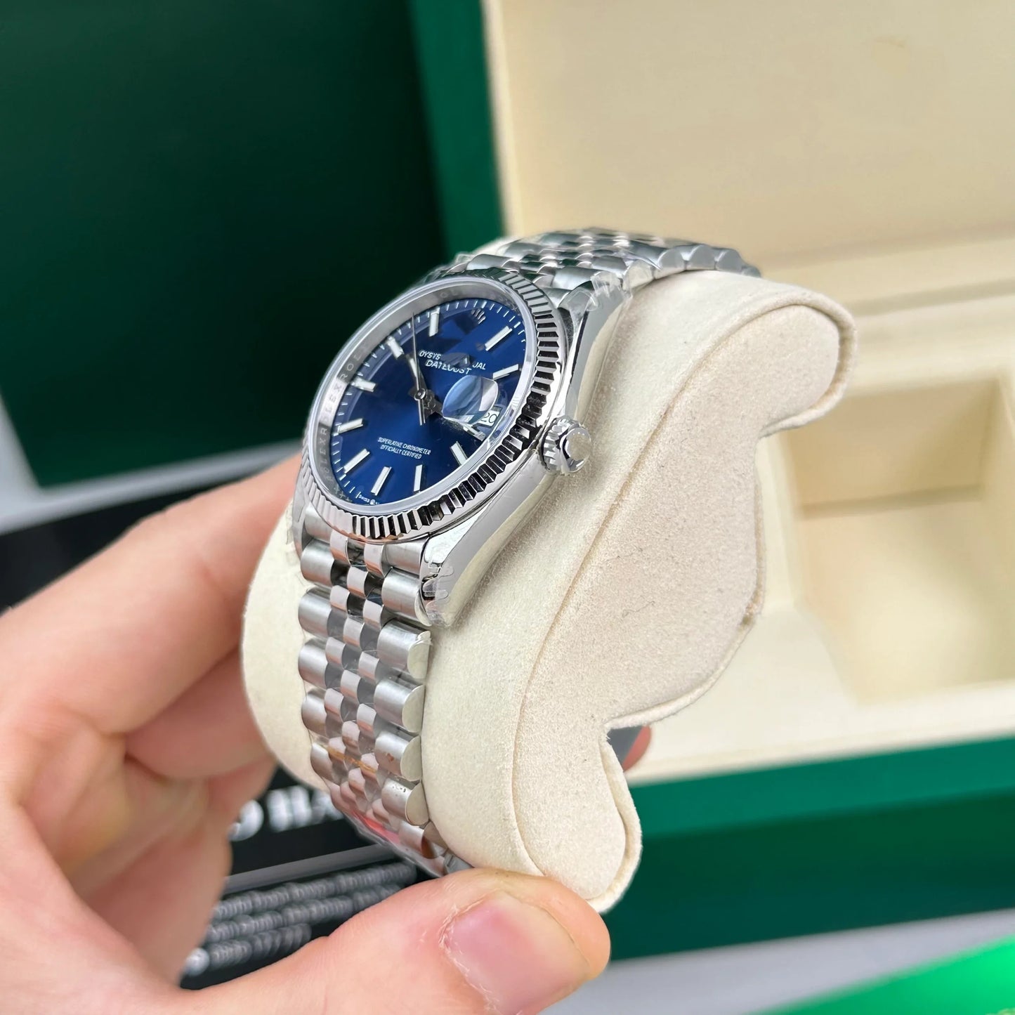 Classic Steel Datejust Style Watch, Blue Dial Baton-Index Men's Steel Band Wristwatch, Luxury Waterproof Dress Watch