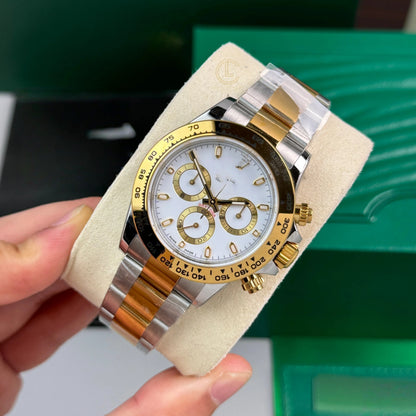 Sport Chronograph Two-Tone Watch, Panda Dial Men's Steel-Gold Band Wristwatch, Luxury Waterproof Chronograph