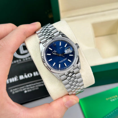 Classic Steel Datejust Style Watch, Blue Dial Baton-Index Men's Steel Band Wristwatch, Luxury Waterproof Dress Watch