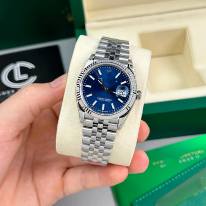 Classic Steel Datejust Style Watch, Blue Dial Baton-Index Men's Steel Band Wristwatch, Luxury Waterproof Dress Watch