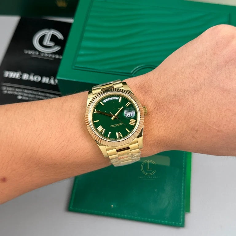 Classic Full-Gold Day-Date Style Watch, Men's President Bracelet Wristwatch, Luxury Waterproof Dress Watch