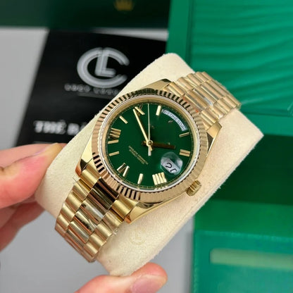 Classic Full-Gold Day-Date Style Watch, Men's President Bracelet Wristwatch, Luxury Waterproof Dress Watch